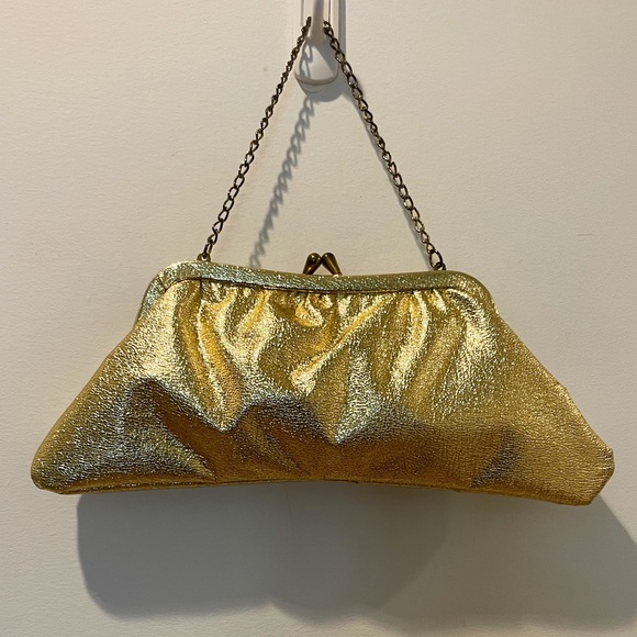 Vintage 50s Gold Lame Top Handle Chain Strap Kiss Lock Handbag - Picture 13 of 13